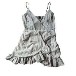 Women’s Wrap Mini Short Dress Ruffle Skirt Gray and White Striped Size Medium